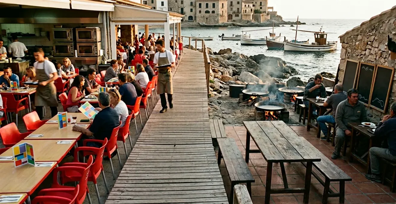 Terrasse de restaurant en bord de mer méditerranée avec paella traditionnelle