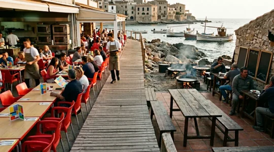 Terrasse de restaurant en bord de mer méditerranée avec paella traditionnelle