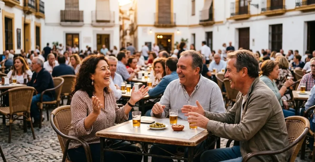 Terrasse andalouse animée en fin d'après-midi avec tables en fer forgé et ambiance dorée du tardeo