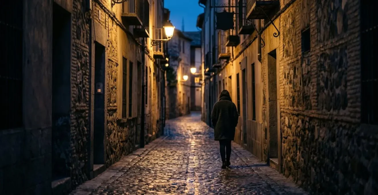 Ruelle médiévale de Tolède éclairée par des lanternes au crépuscule, pavés humides reflétant la lumière dorée