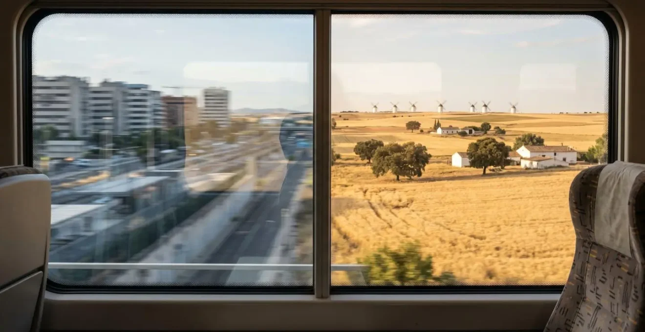 Vue depuis la fenêtre d'un train montrant la transition du paysage urbain vers les plaines arides de Castille