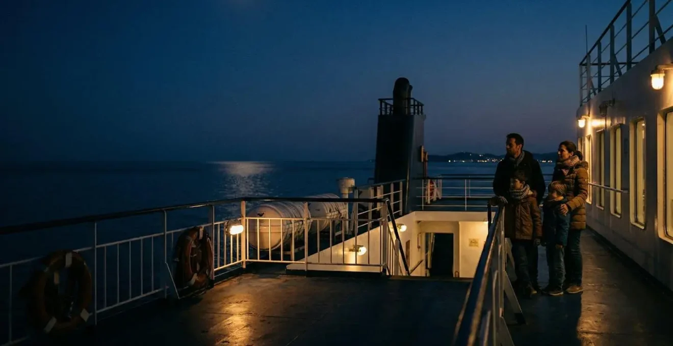 Traversée maritime nocturne en ferry vers les îles méditerranéennes avec famille à bord