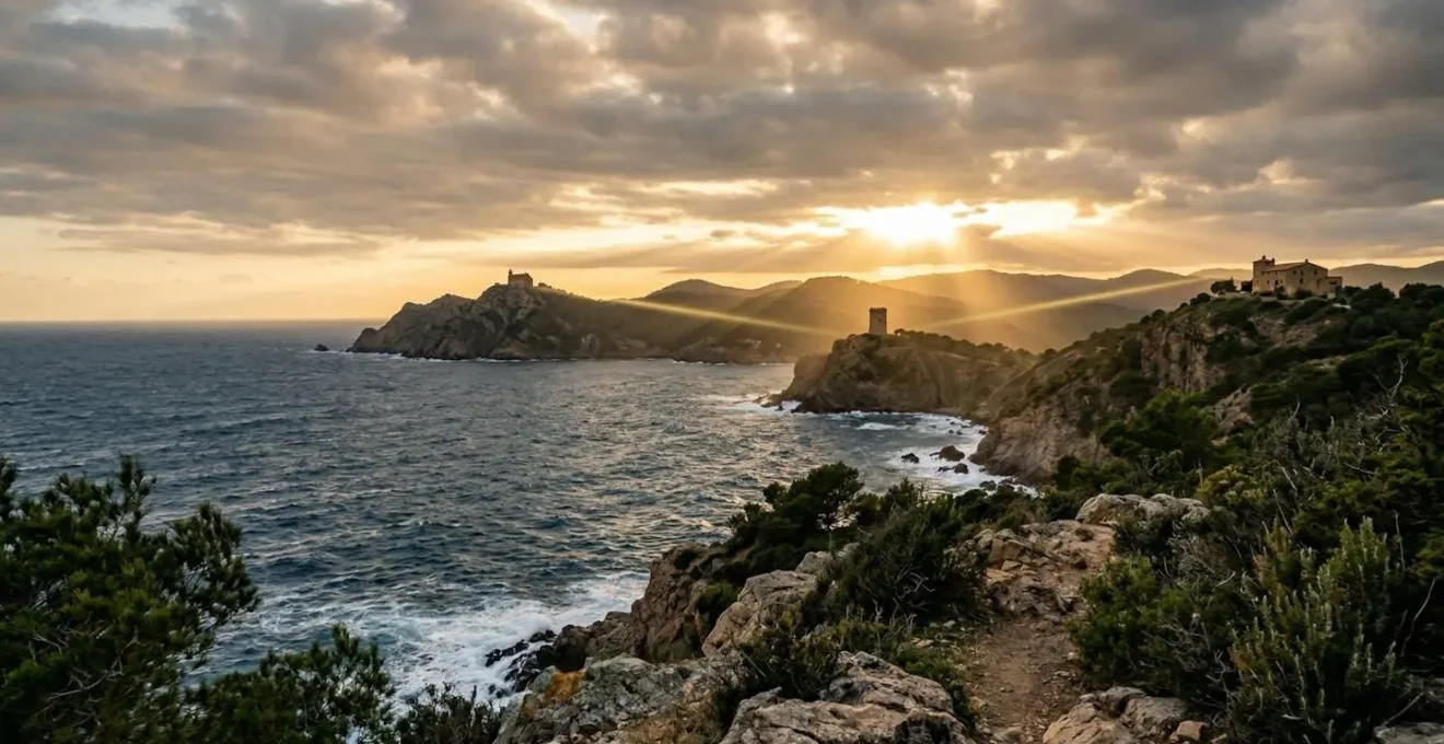 Paysage surréaliste catalan avec trois points lumineux formant un triangle abstrait dans le ciel au-dessus d'une côte rocheuse