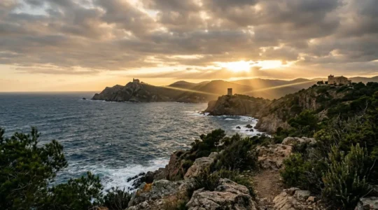 Paysage surréaliste catalan avec trois points lumineux formant un triangle abstrait dans le ciel au-dessus d'une côte rocheuse