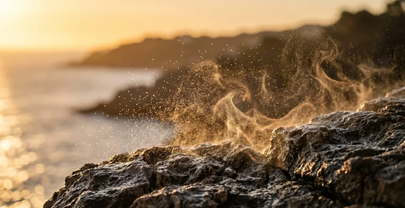 Vue aérienne des côtes espagnoles au lever du soleil montrant les courants d'air