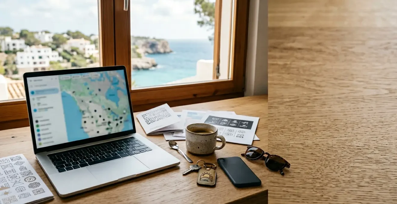 Personne examinant des documents légaux et un ordinateur portable avec une carte de la côte méditerranéenne et une maison en arrière-plan