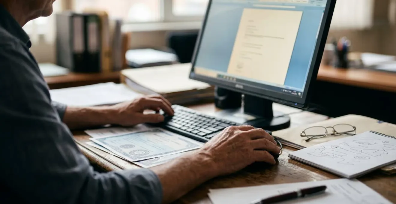Personne consultant un registre officiel de licences touristiques sur un ordinateur avec des documents administratifs