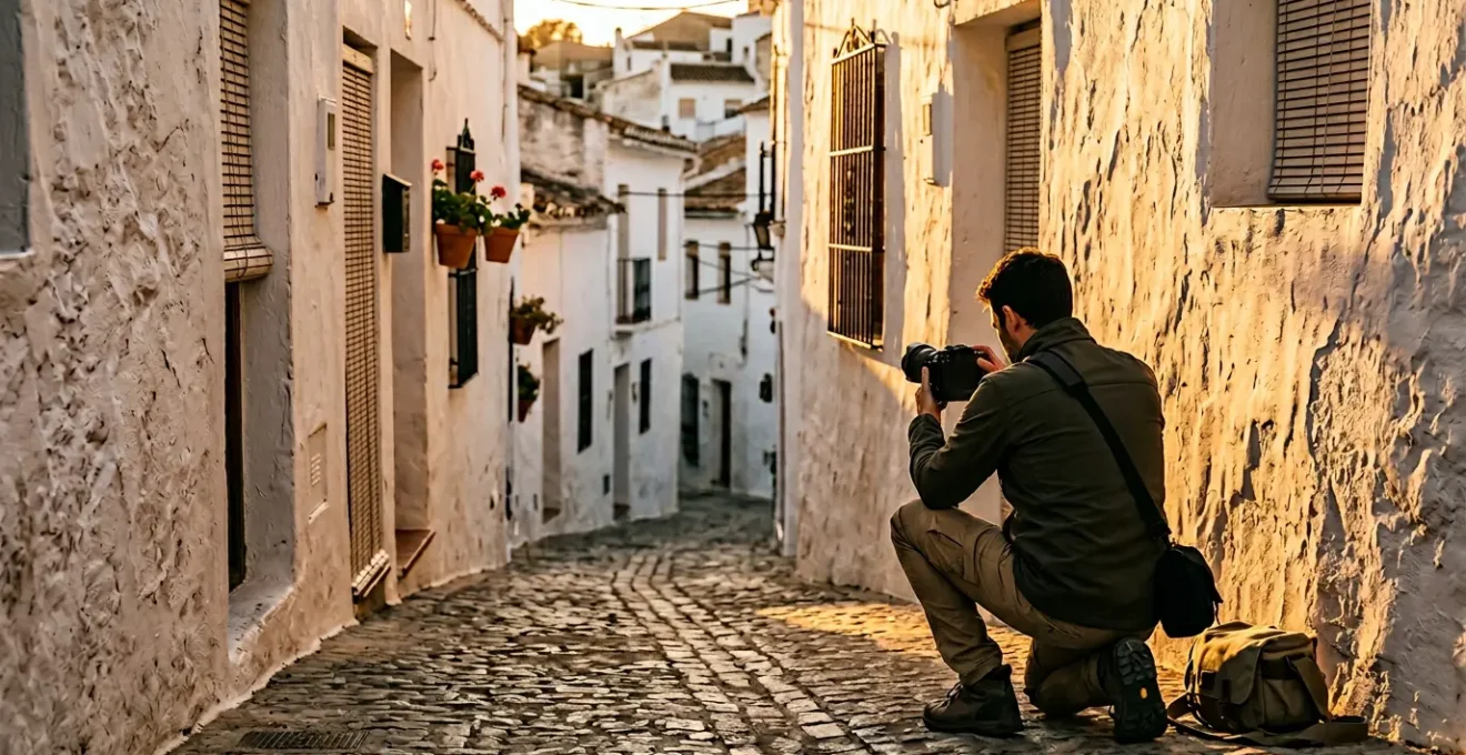 Photographe capturant les murs blancs à la chaux d'un village andalou dans la lumière dorée du crépuscule