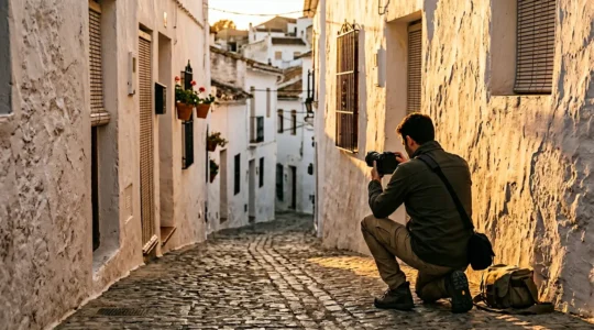 Photographe capturant les murs blancs à la chaux d'un village andalou dans la lumière dorée du crépuscule