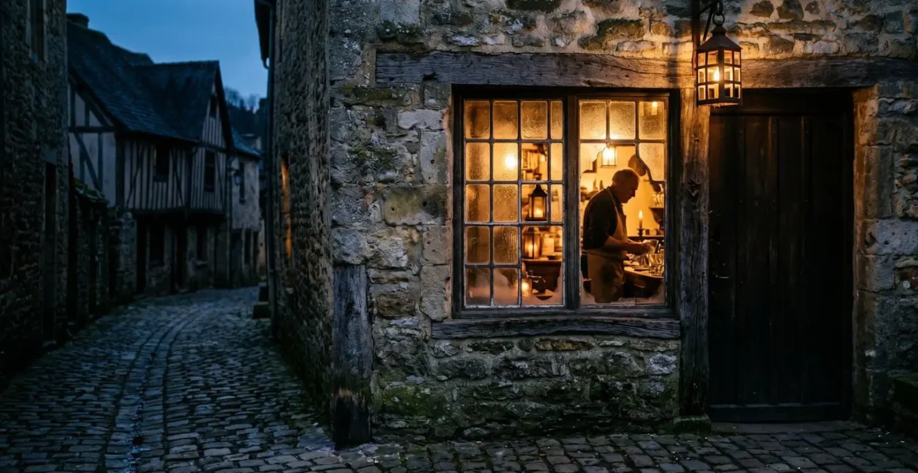 Village médiéval au crépuscule avec une fenêtre d'auberge éclairée d'une lumière chaleureuse