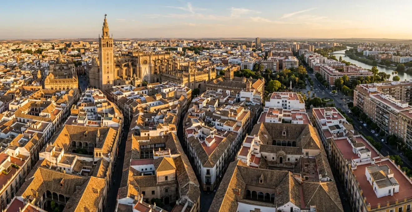 Vue aérienne d'une grande ville espagnole au coucher du soleil montrant la densité urbaine et les monuments historiques