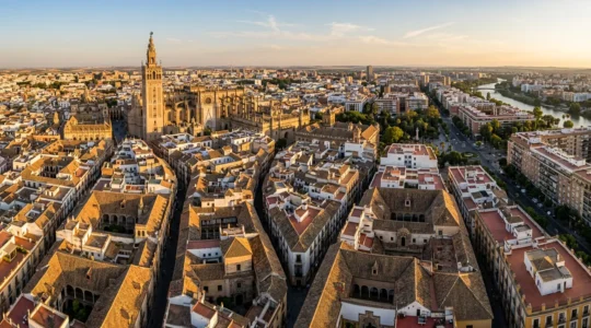 Vue aérienne d'une grande ville espagnole au coucher du soleil montrant la densité urbaine et les monuments historiques