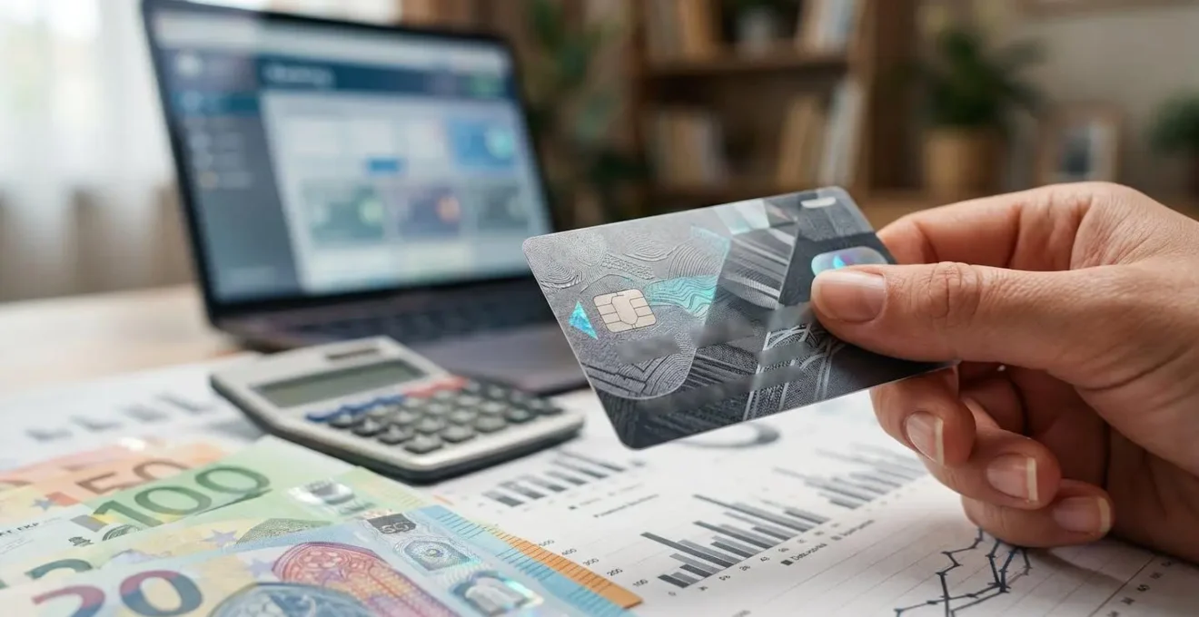 Mains tenant une carte bancaire près d'un ordinateur montrant une interface bancaire floue avec des documents financiers