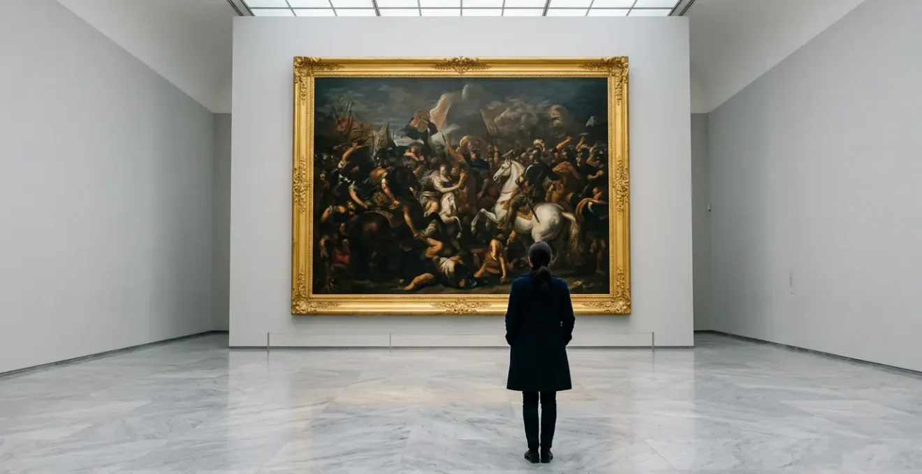 Visiteur de dos face à une immense toile classique dans une salle de musée européen