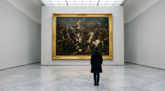 Visiteur de dos face à une immense toile classique dans une salle de musée européen