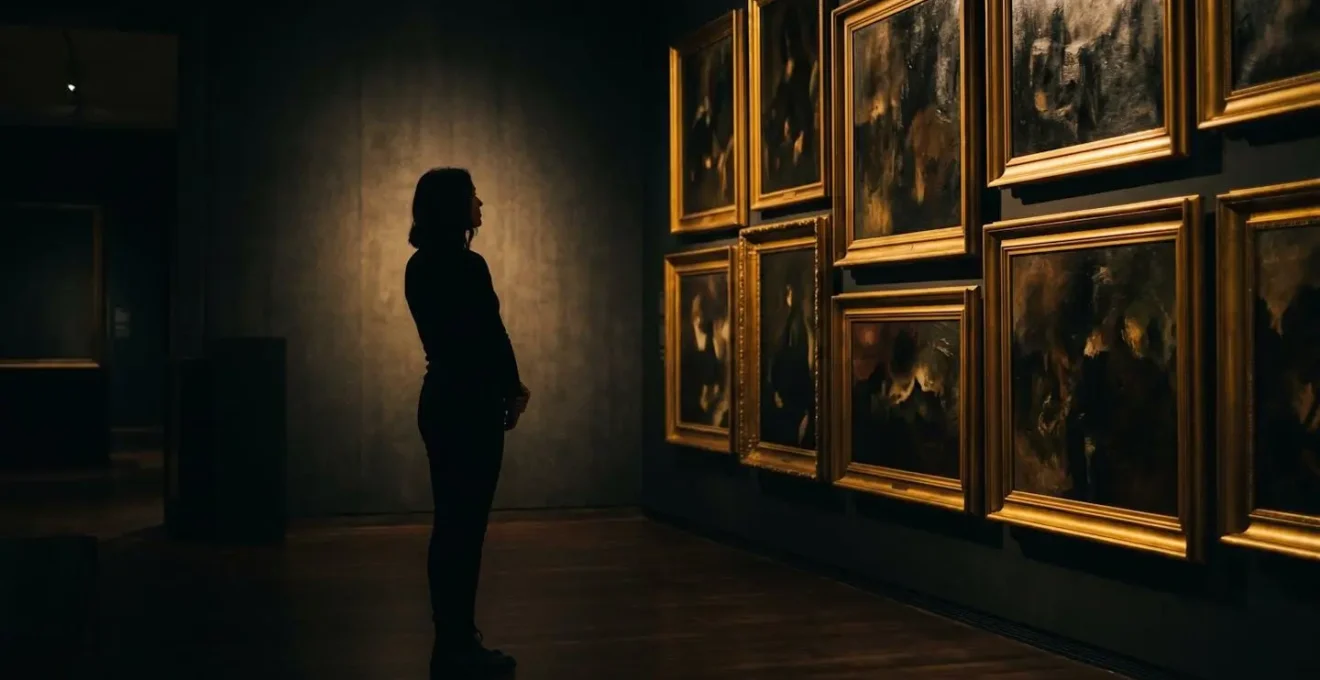 Silhouette d'un visiteur contemplant une salle sombre aux murs couverts de peintures dramatiques