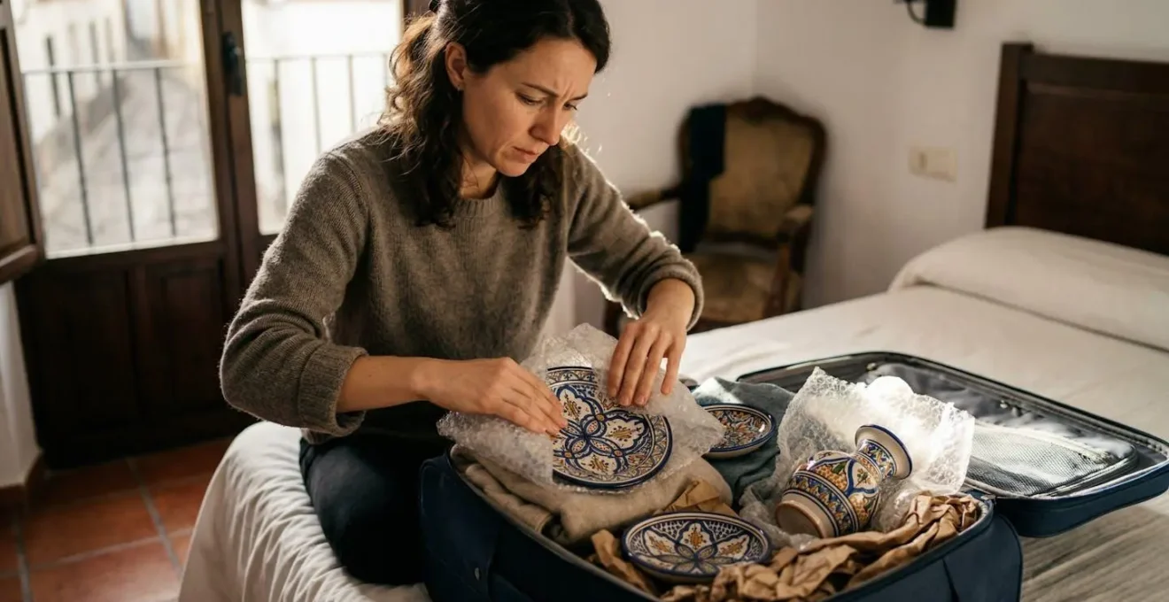 Un voyageur emballe soigneusement des céramiques andalouses colorées dans une valise ouverte, entouré de papier bulle et de vêtements pour la protection