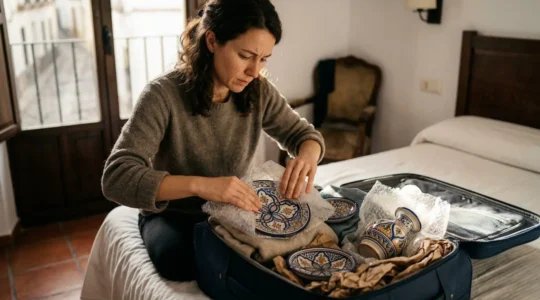 Un voyageur emballe soigneusement des céramiques andalouses colorées dans une valise ouverte, entouré de papier bulle et de vêtements pour la protection