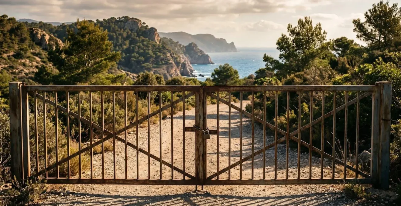 Barrière d'accès fermée à l'entrée d'un parc naturel avec paysage méditerranéen