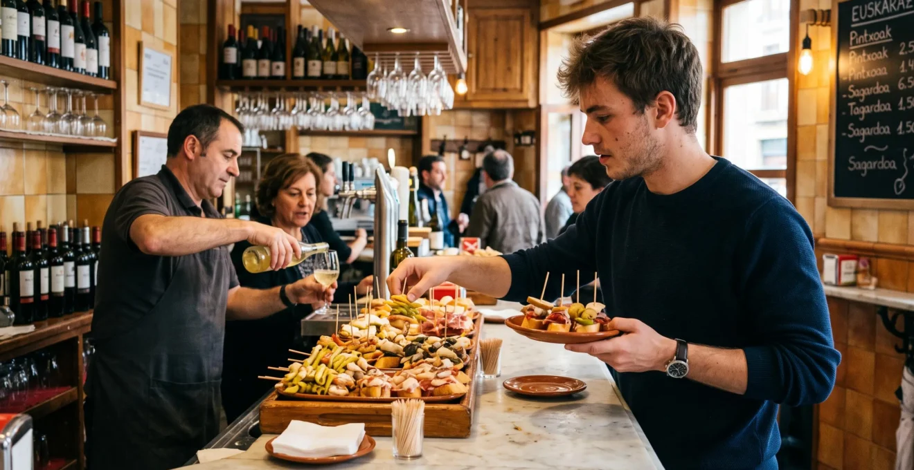 Un voyageur choisit des pintxos sur le comptoir d'un bar espagnol traditionnel où le barman sert des clients locaux.