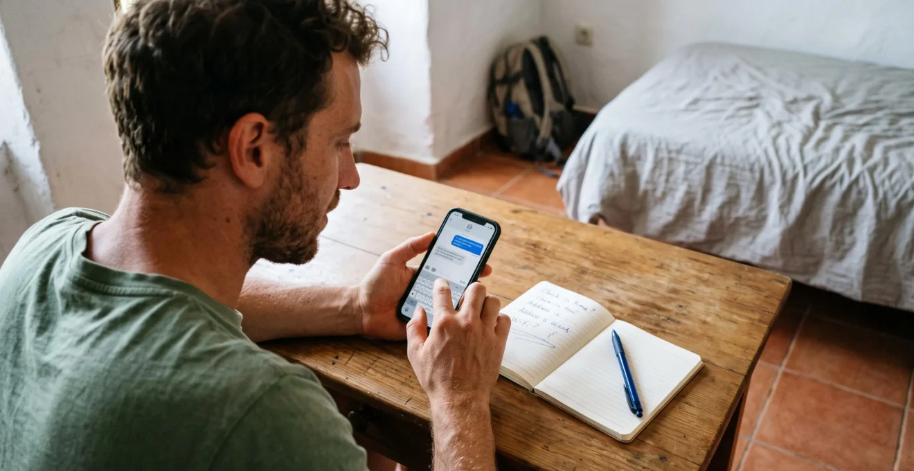 Un voyageur écrit une question à un hôte sur son téléphone avant de réserver, un carnet de notes ouvert à côté de lui.